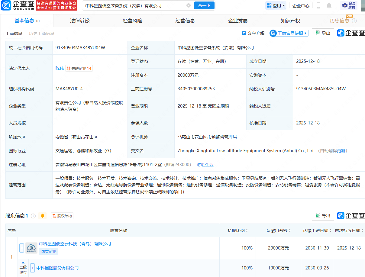 中科星图成立低空装备系统公司