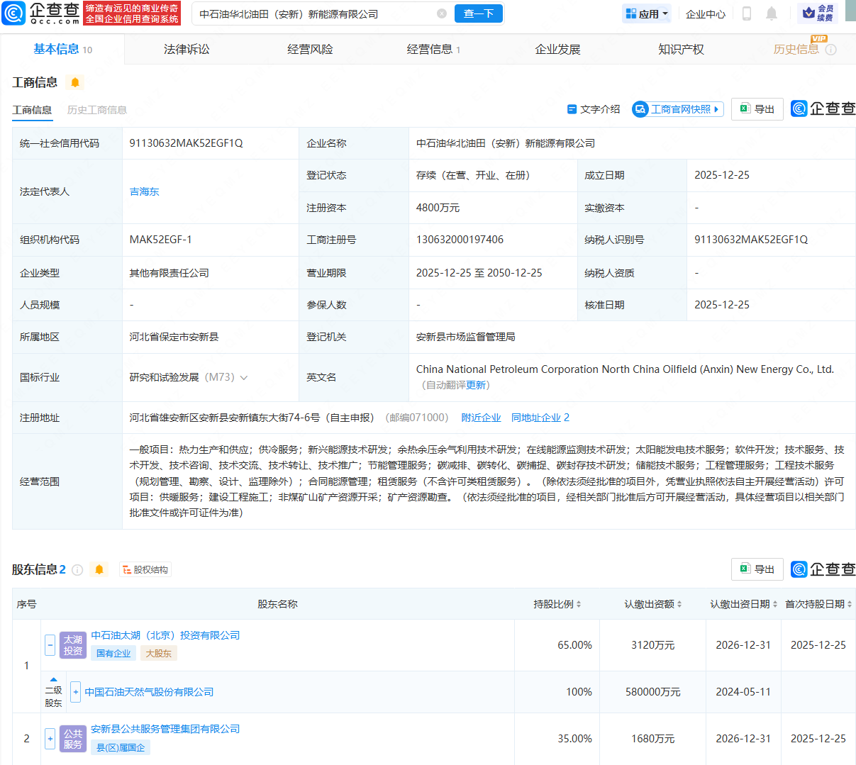 中石油华北油田新能源公司在雄安安新登记成立