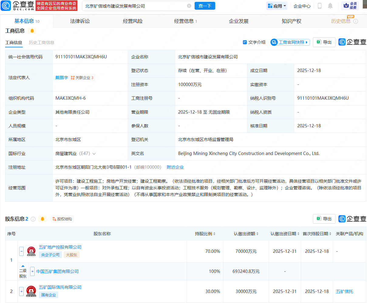 中国五矿在北京成立城市建设发展公司，注册资本10亿元