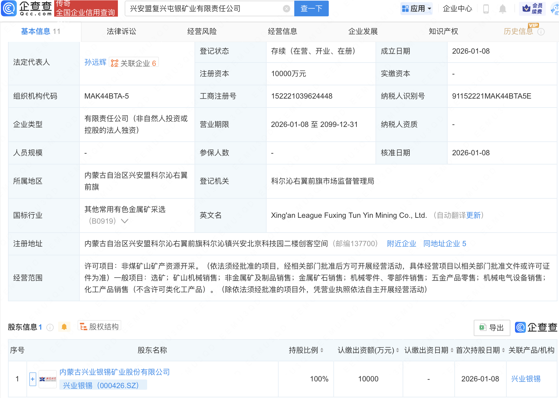 兴业银锡成立矿业新公司，注册资本1亿元