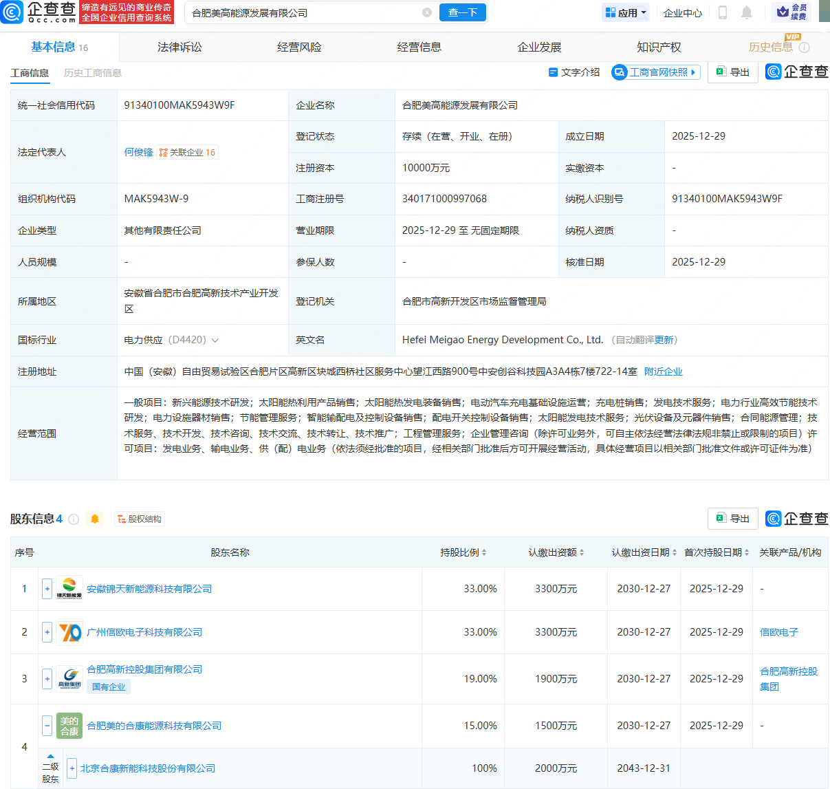 合康新能、合肥国资等成立能源发展公司，注册资本1亿元