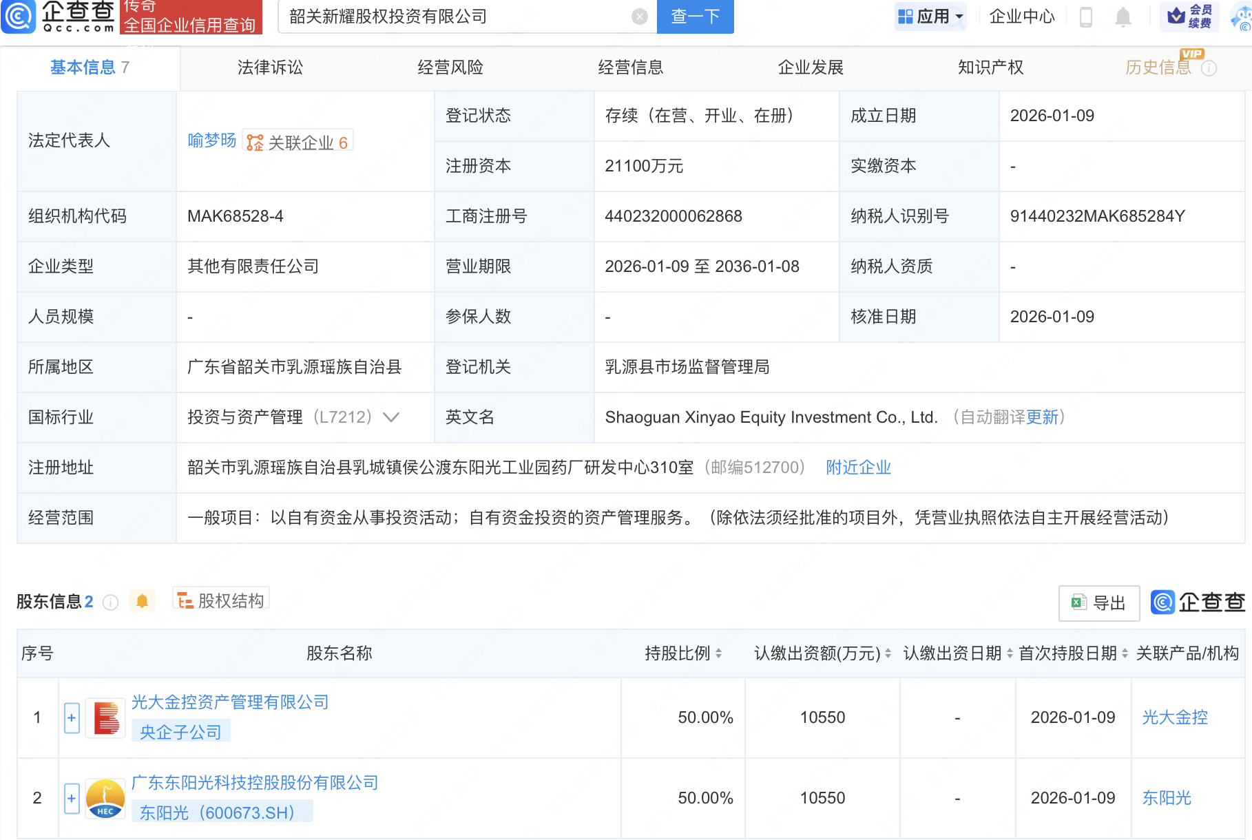 东阳光、光大金控在韶关新设股权投资公司
