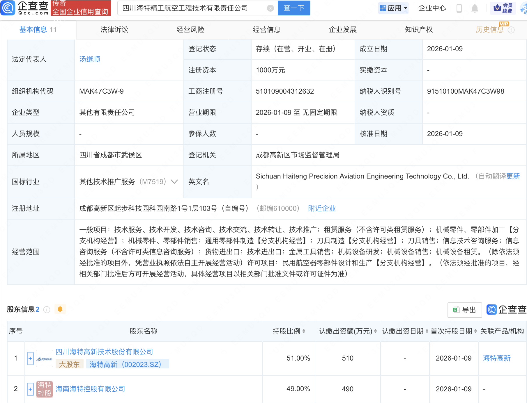 海特高新等在四川成立航空工程技术公司