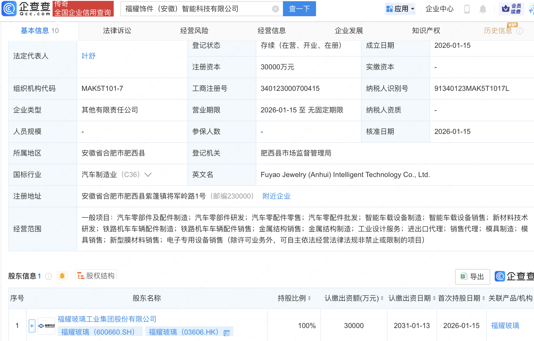 福耀玻璃成立智能科技公司，注册资本3亿元