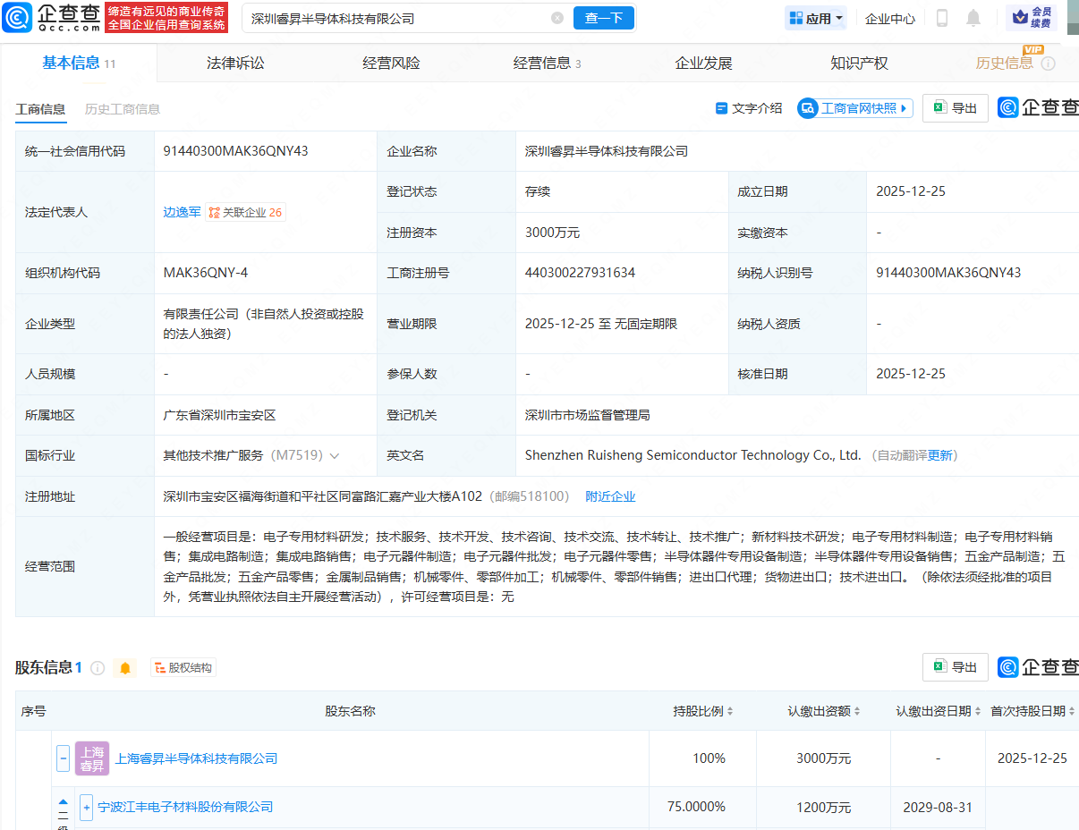 江丰电子在深圳成立半导体科技公司