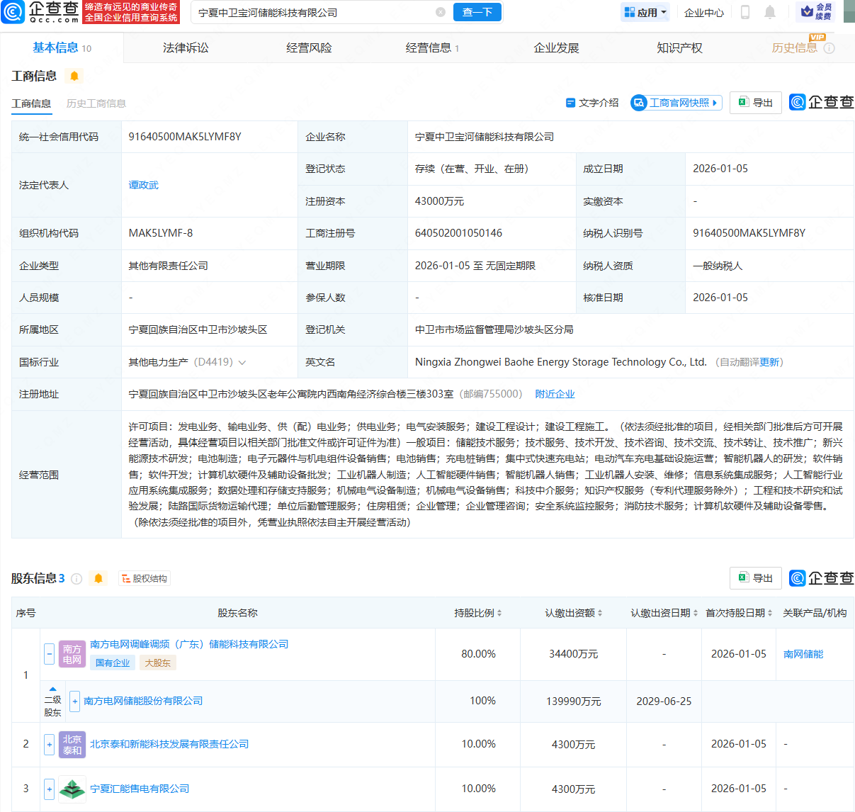 南网储能等在宁夏成立储能科技公司，注册资本4.3亿元