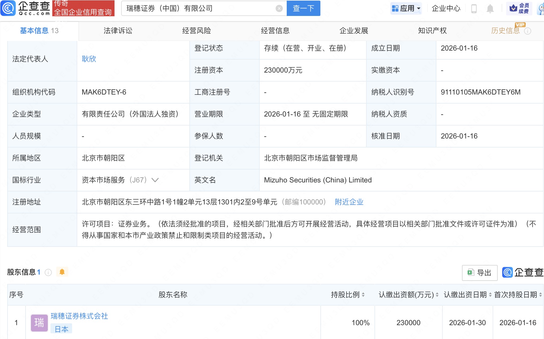 瑞穗证券中国公司完成登记,注册资本23亿