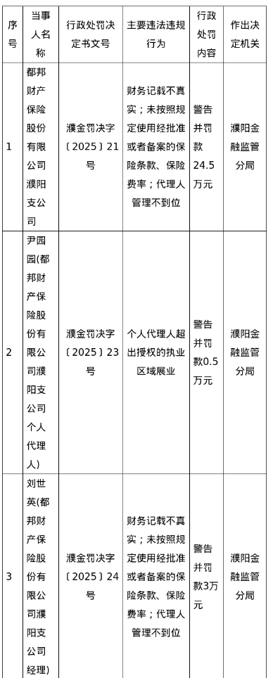 都邦财险濮阳支公司被罚24.5万,涉财务记载不真实等