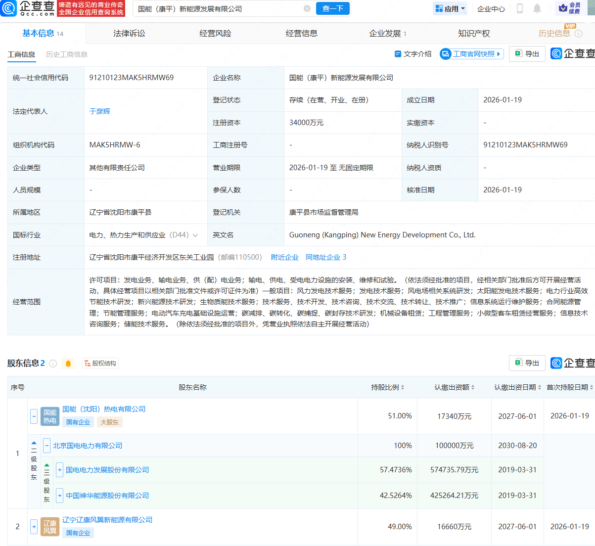国电电力等在辽宁康平成立新能源发展公司