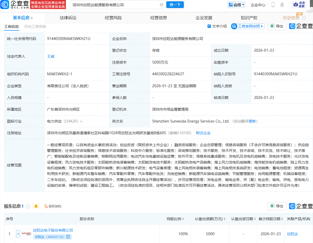 欣旺达投资成立能源服务公司