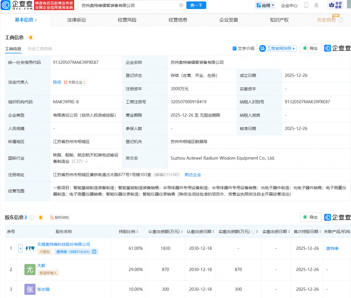 奥特维等投资成立镭智装备公司