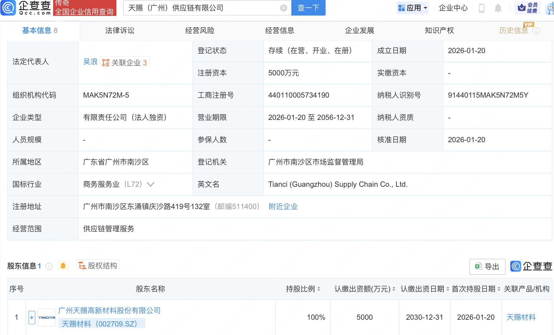 天赐材料在广州新设供应链公司