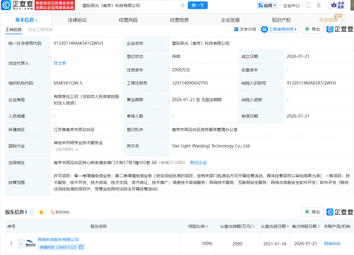 网宿科技在南京成立新公司，注册资本2000万