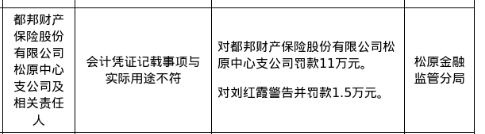 都邦财险松原中支被罚11万，涉会计凭证与实际用途不符