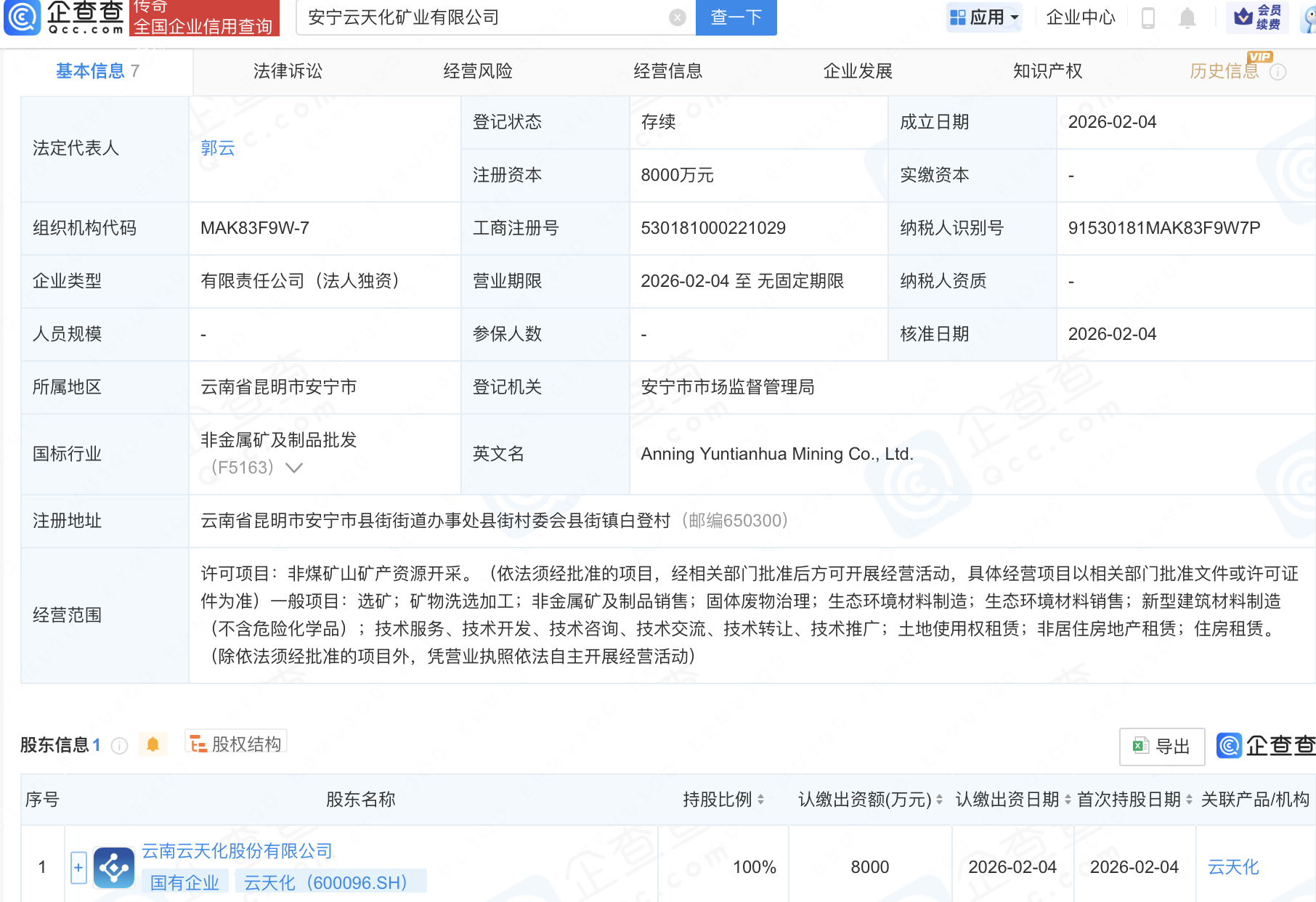 云天化新设子公司，含生态环境材料业务