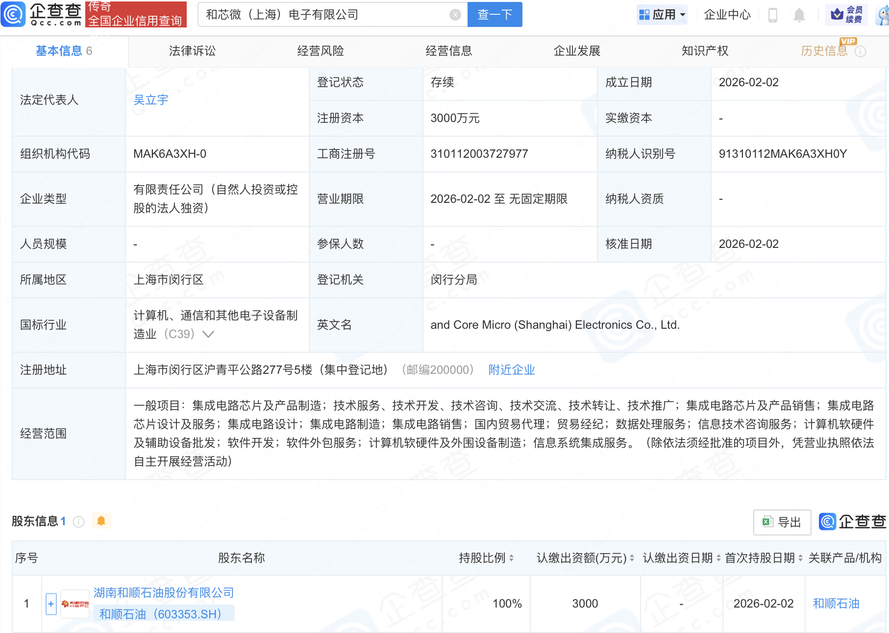 和顺石油成立电子公司,含集成电路芯片业务