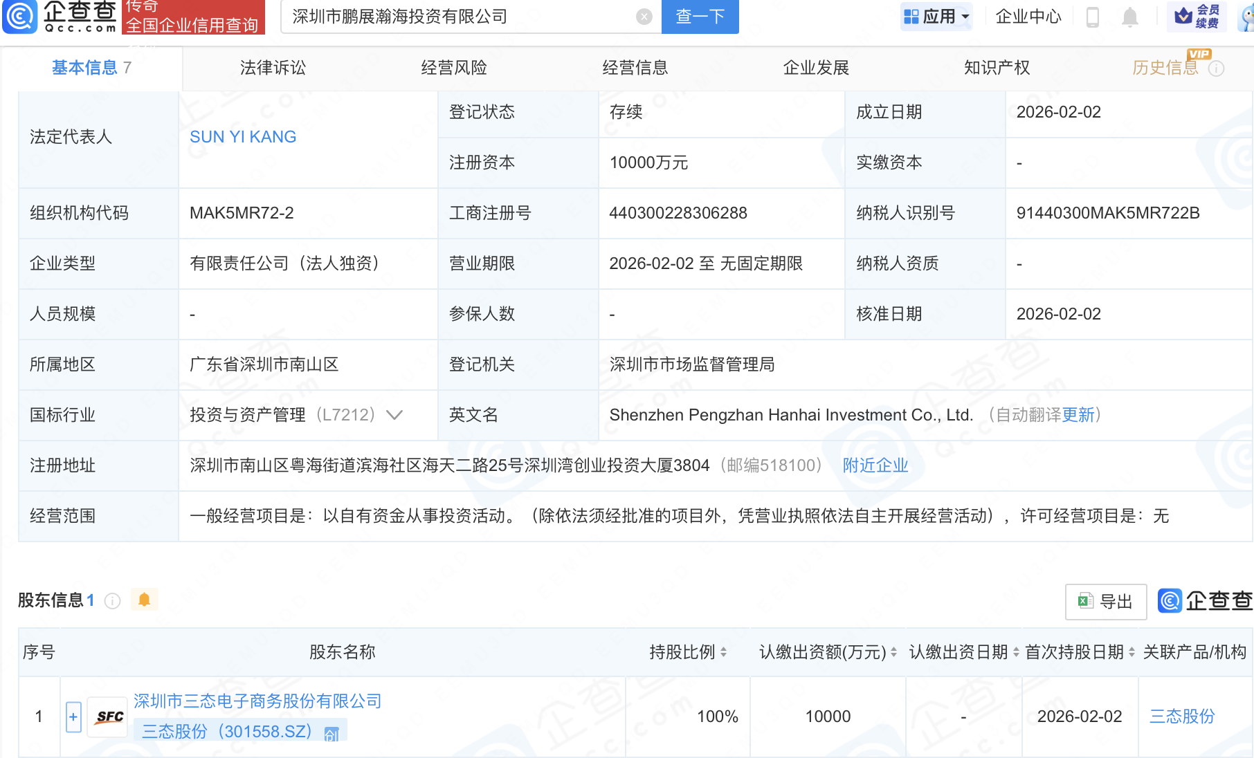 三态股份成立鹏展瀚海投资公司，注册资本1亿元