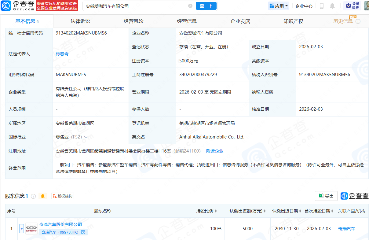 奇瑞汽车投资成立两家汽车公司