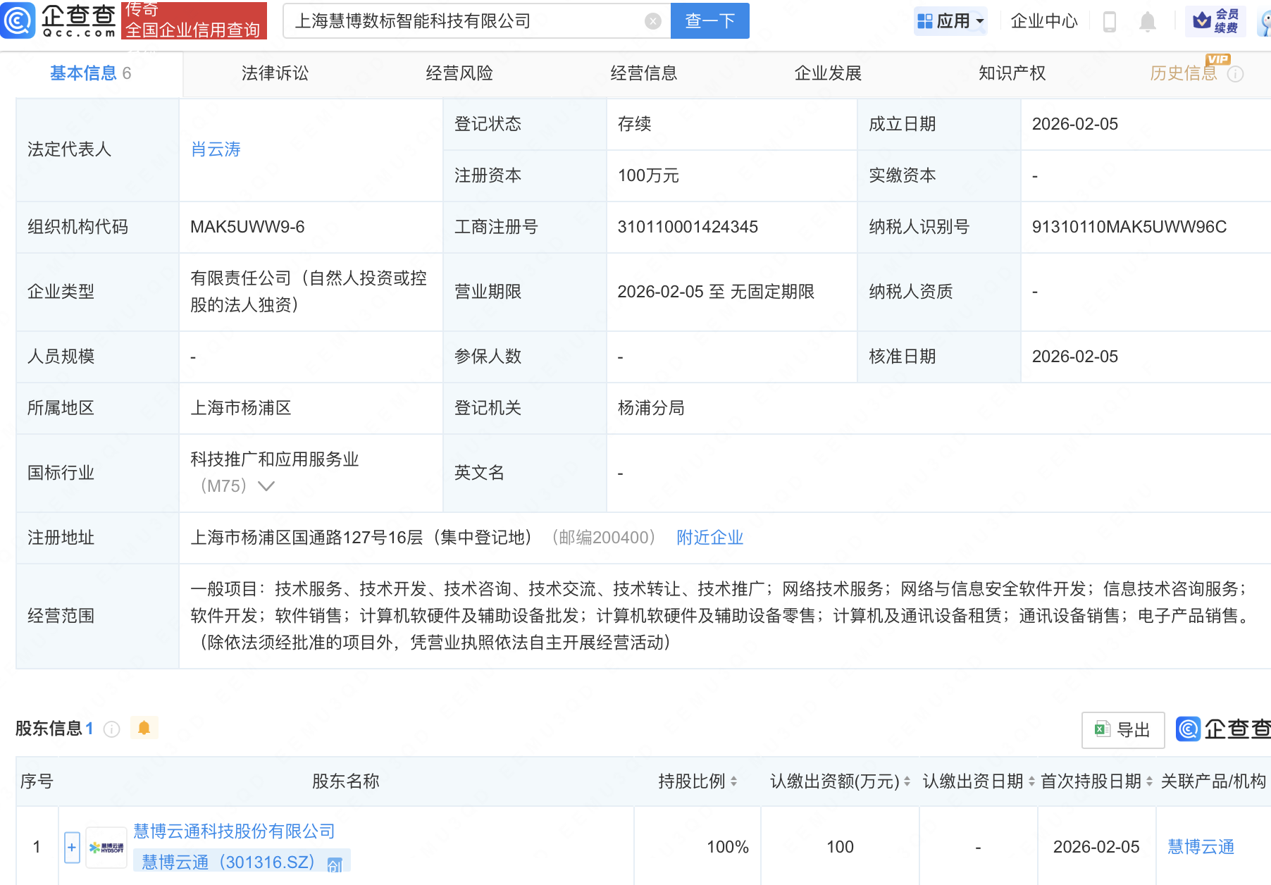 慧博云通在上海成立智能科技新公司
