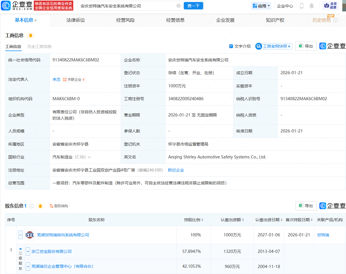 浙江世宝成立汽车安全系统公司