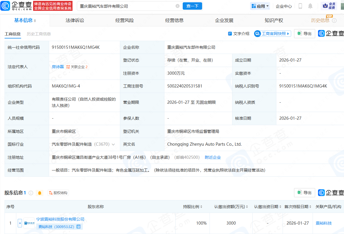 震裕科技在重庆成立汽车部件公司