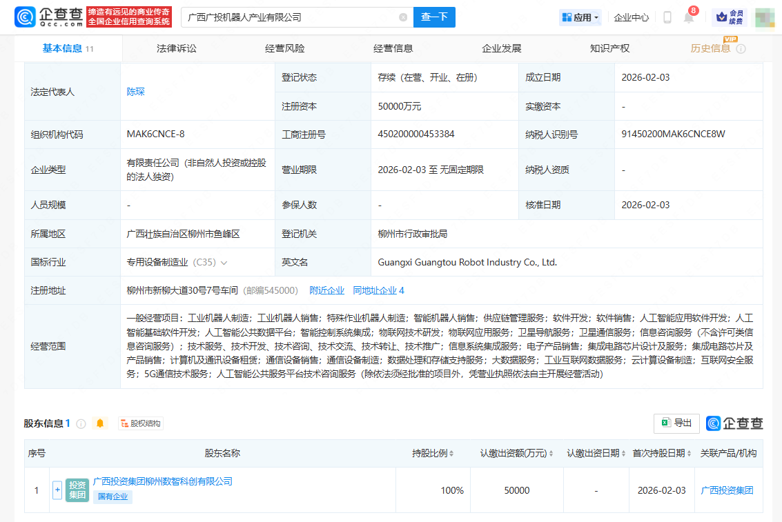 广西广投机器人产业公司成立,注册资本5亿元