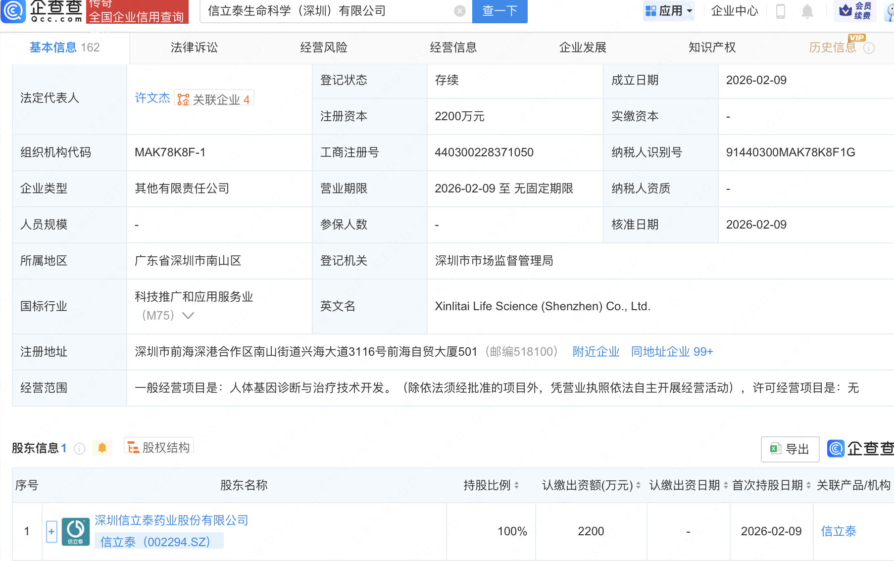 信立泰投资成立生命科学公司