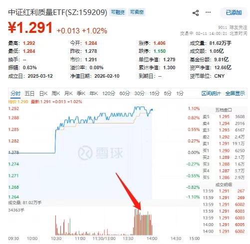 什么情况？“红利一哥”159209盘中放巨量成交破1亿！金钼股份、银河磁体领涨