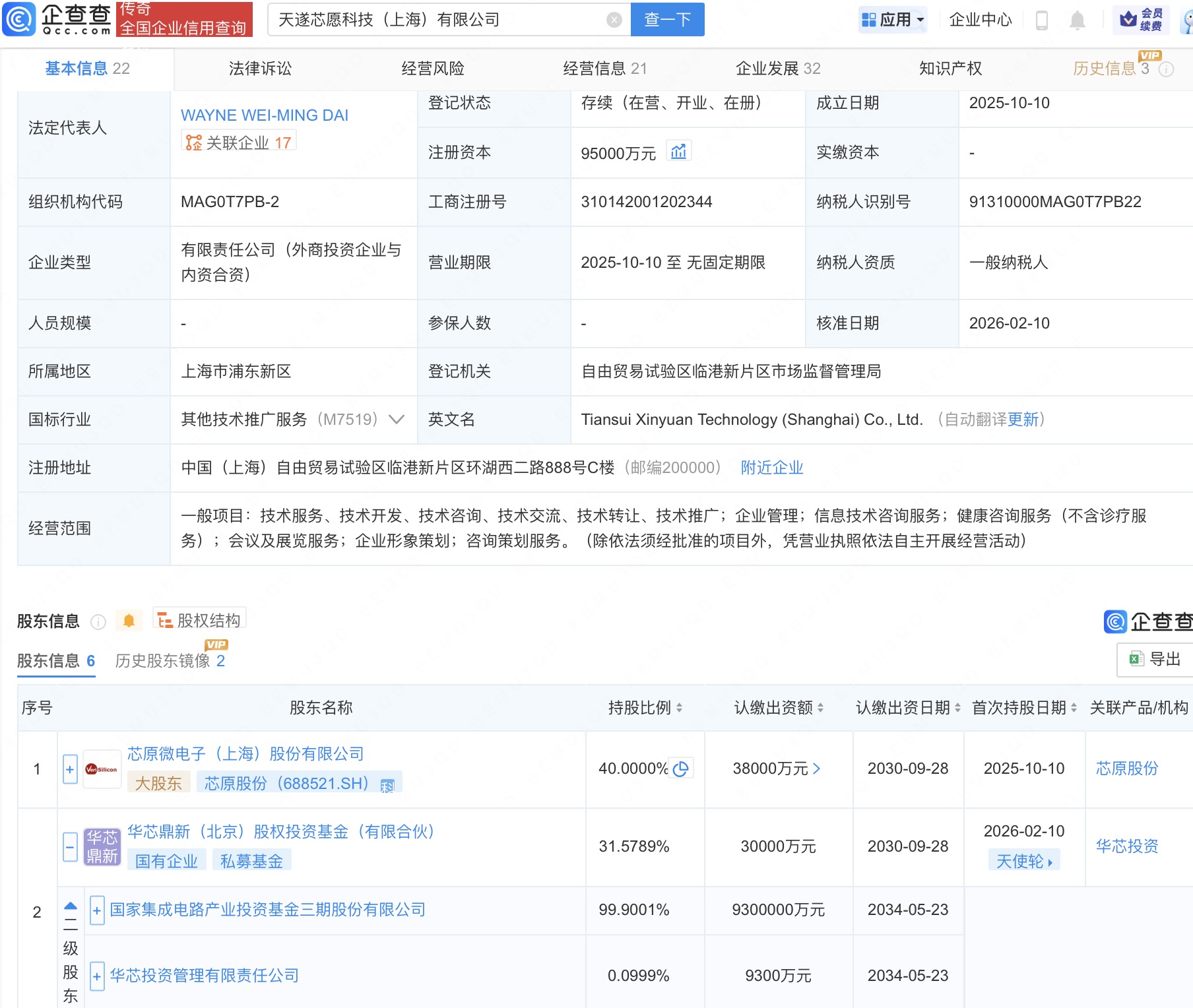 国家大基金三期旗下基金入股芯原股份旗下天遂芯愿
