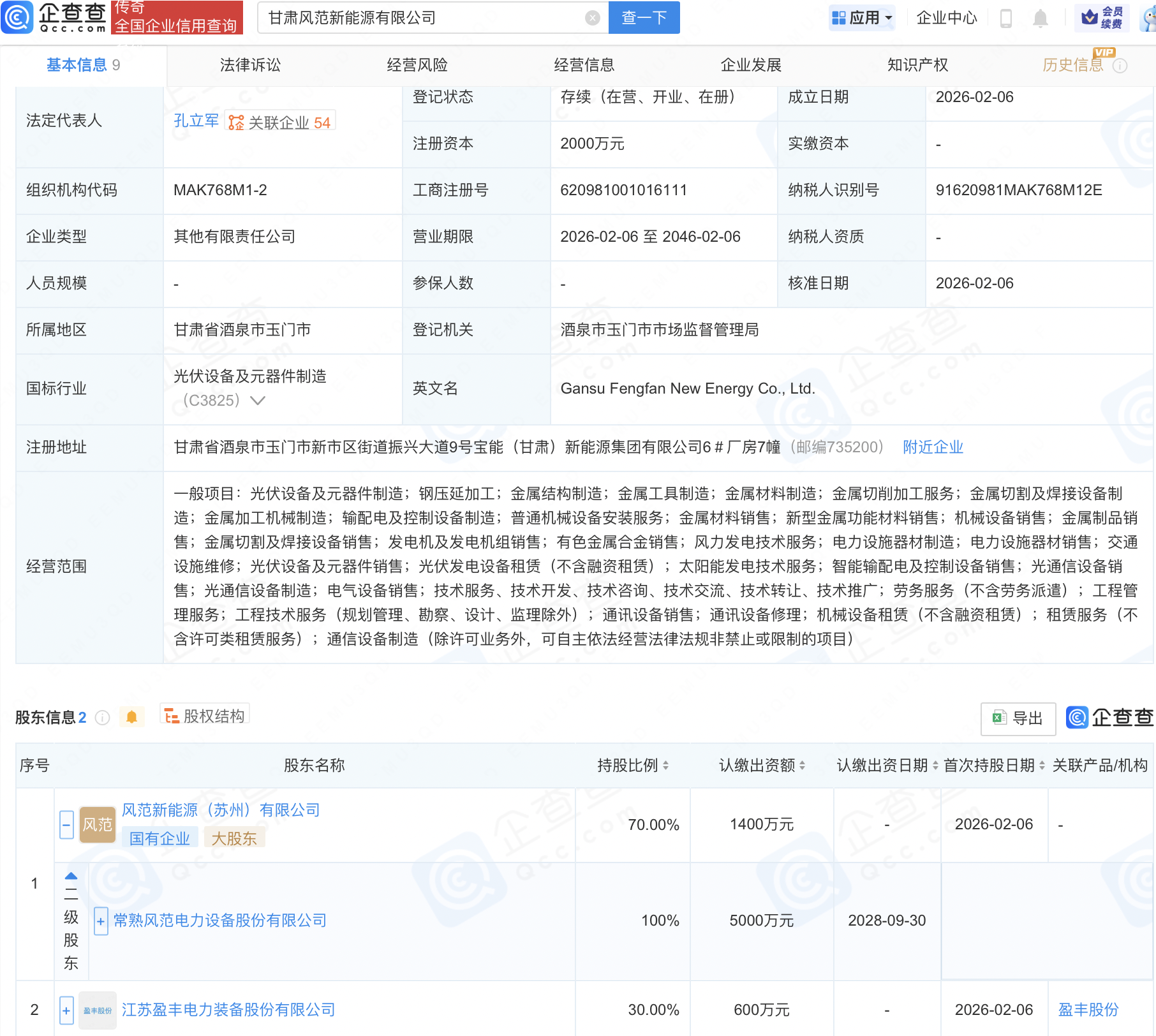 风范股份等在甘肃成立新能源公司