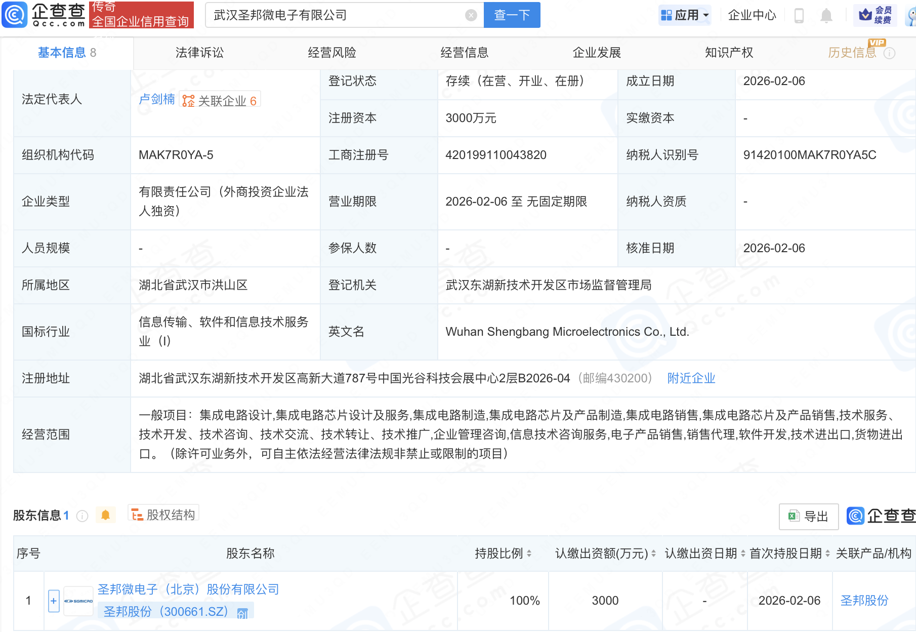 圣邦股份成立微电子新公司，含多项集成电路业务