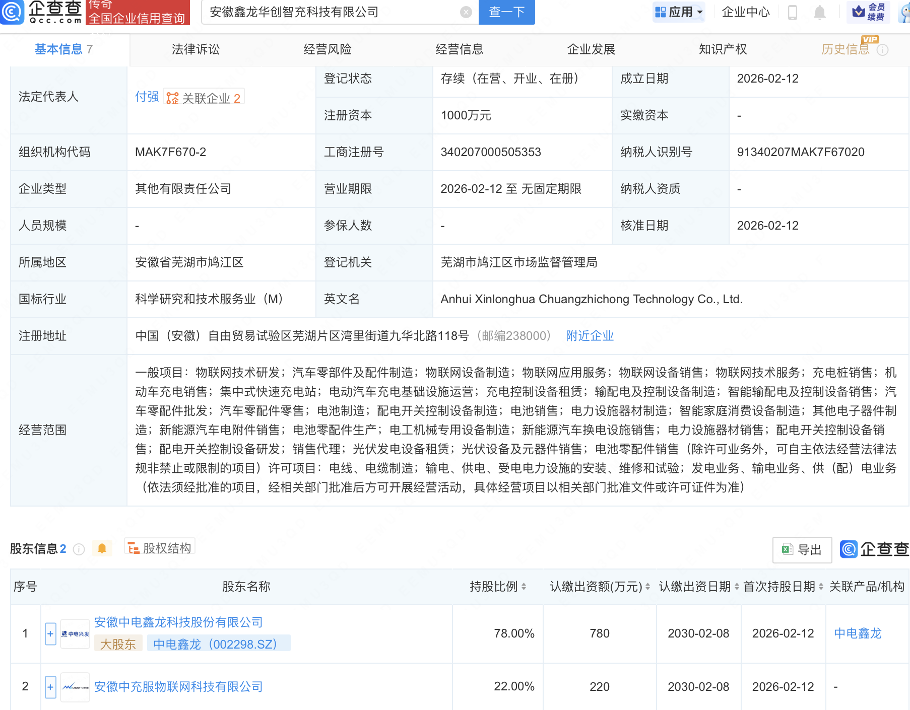 中电鑫龙等成立智充科技公司，含多项物联网业务