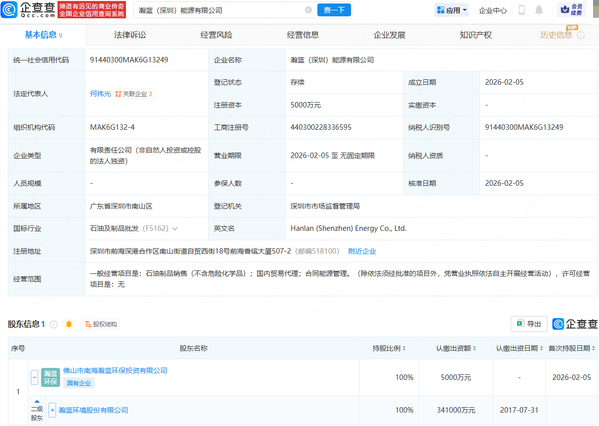 瀚蓝环境在深圳成立能源公司