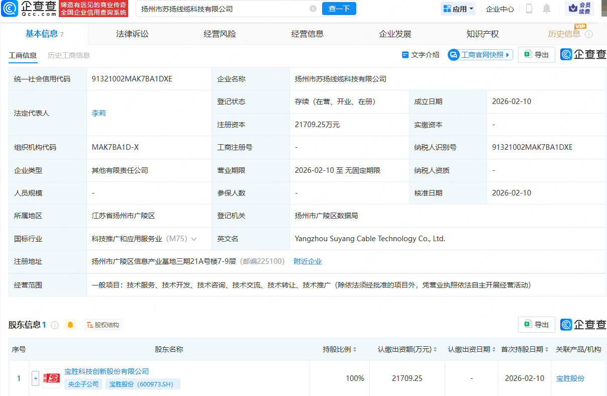 宝胜股份在扬州成立线缆科技公司