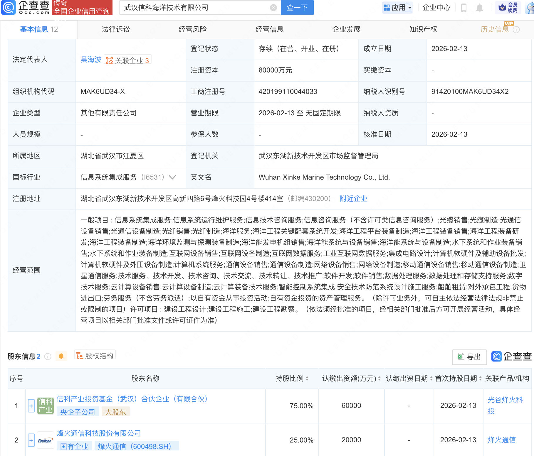 烽火通信等在武汉成立海洋技术公司
