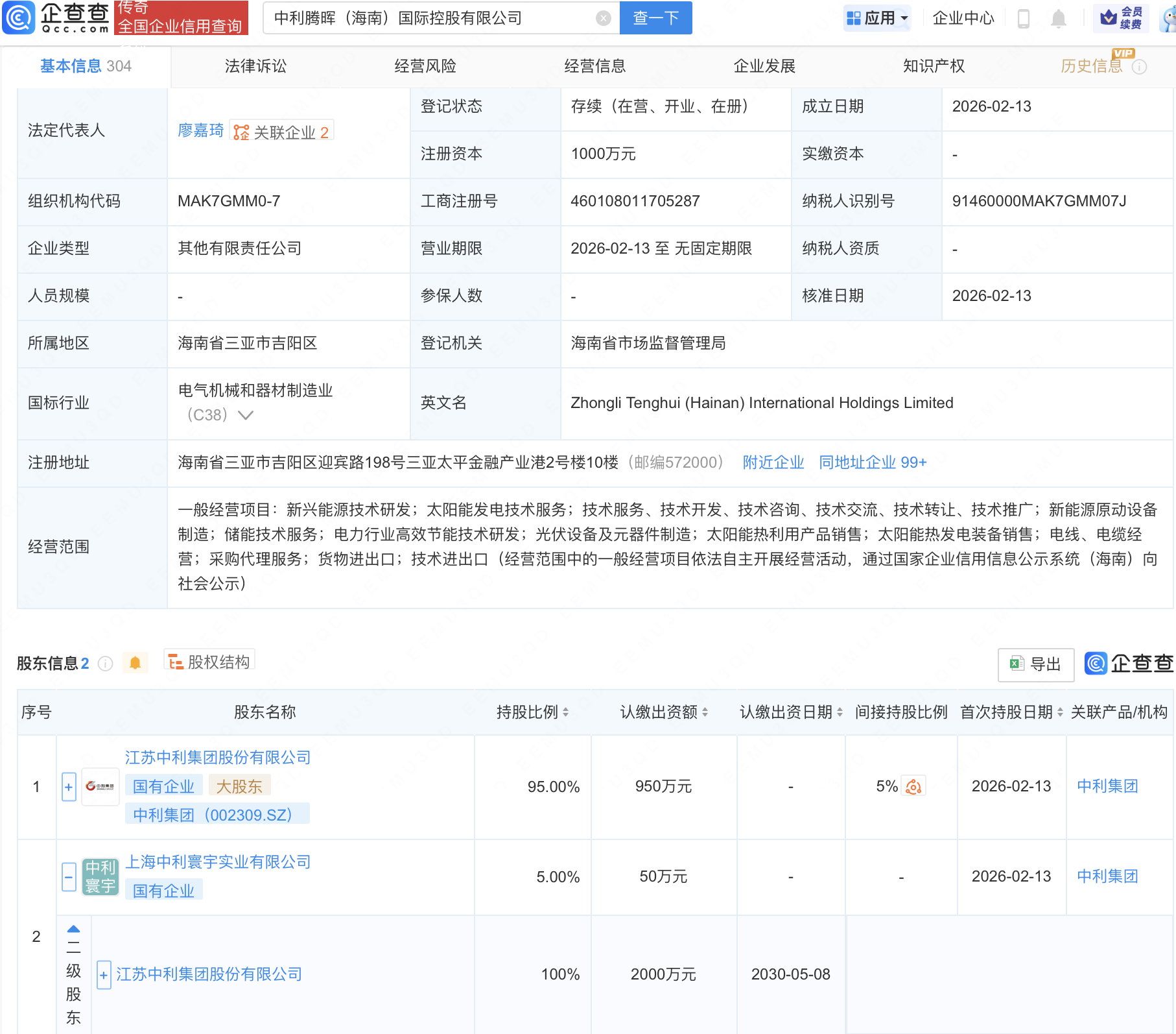 中利集团在海南成立国际控股新公司