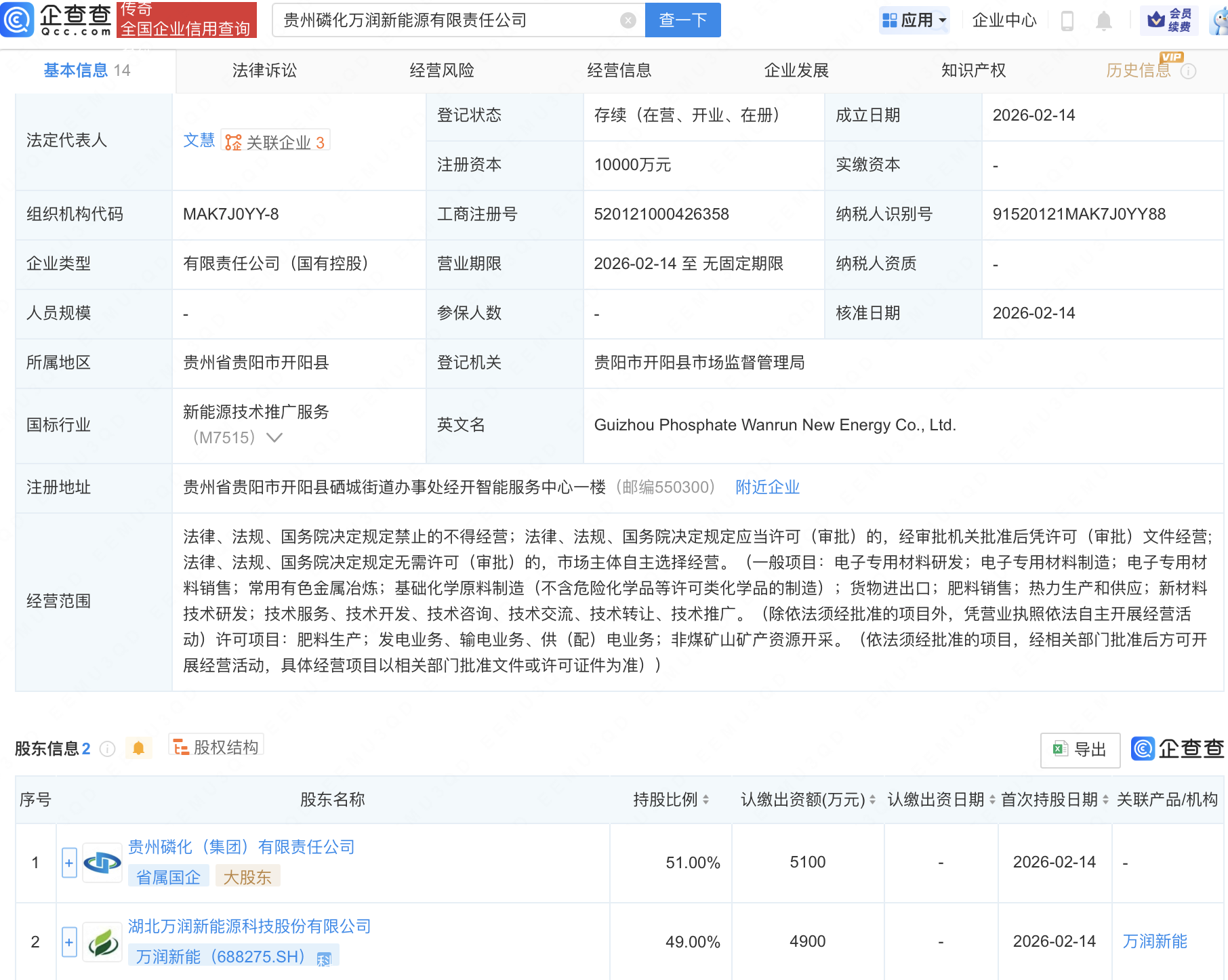 万润新能等在贵州成立新公司,含电子专用材料业务