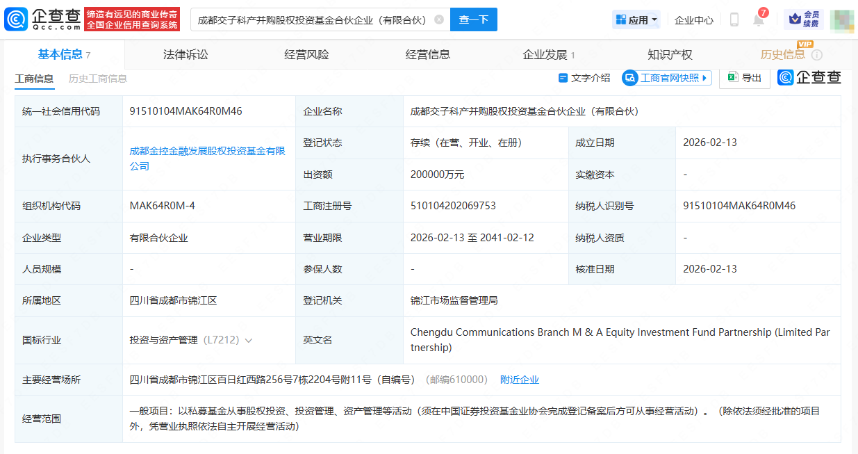成都交子金控集团成立科产并购股权投资基金,出资额20亿