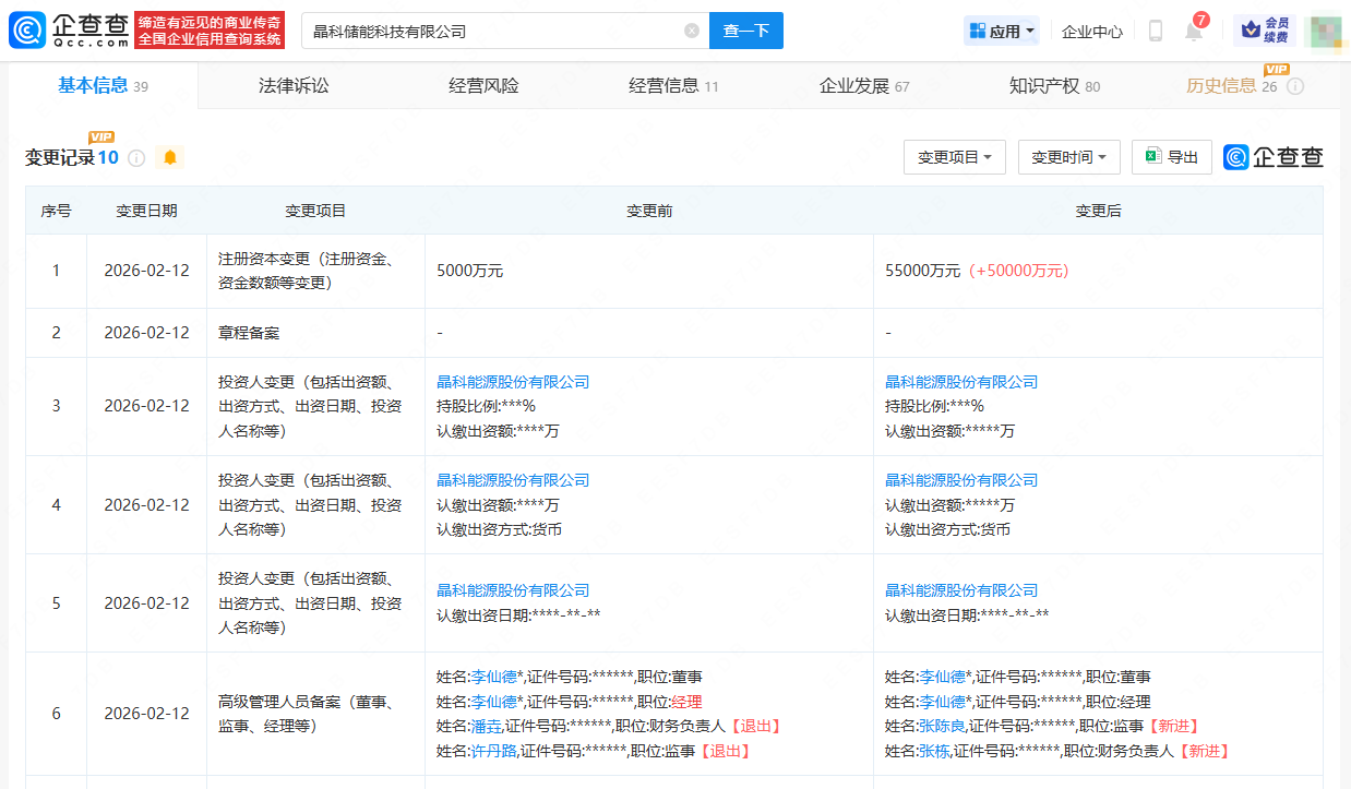 晶科能源旗下储能公司增资5亿元