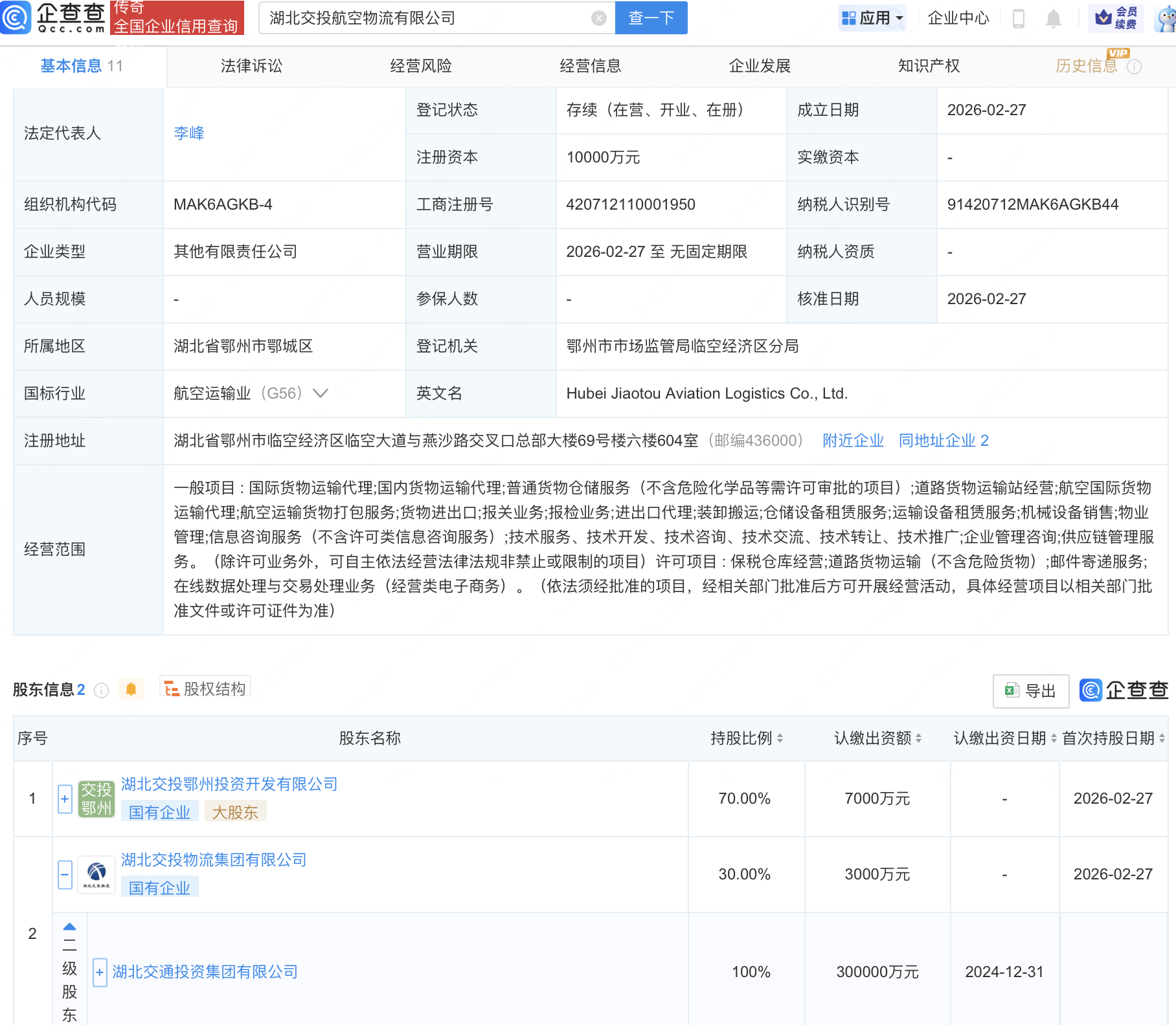 湖北交投集团投资成立航空物流新公司