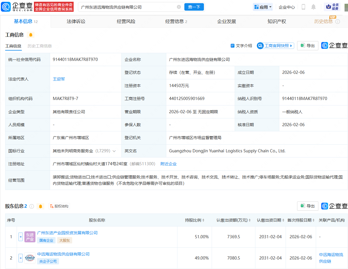 中远海运物流供应链、广州国资成立新公司,注册资本1.45亿