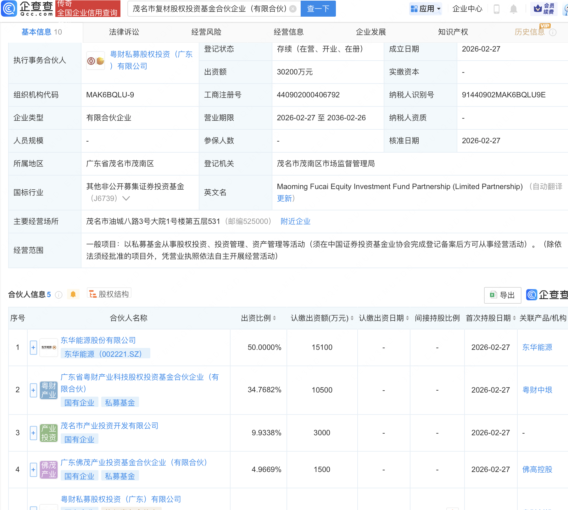 东华能源等在茂名新设股权投资基金