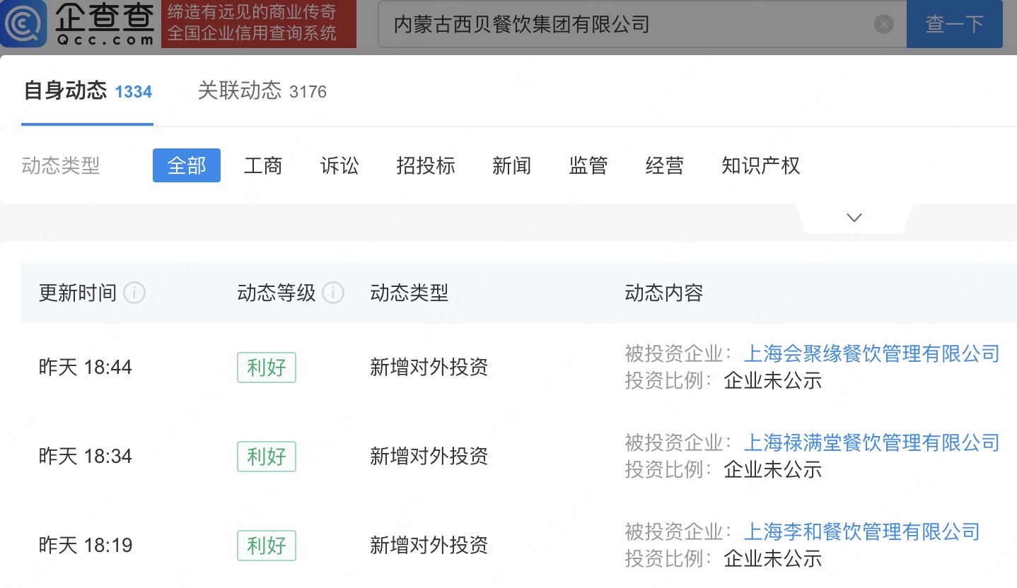 西贝在上海成立3家餐饮公司