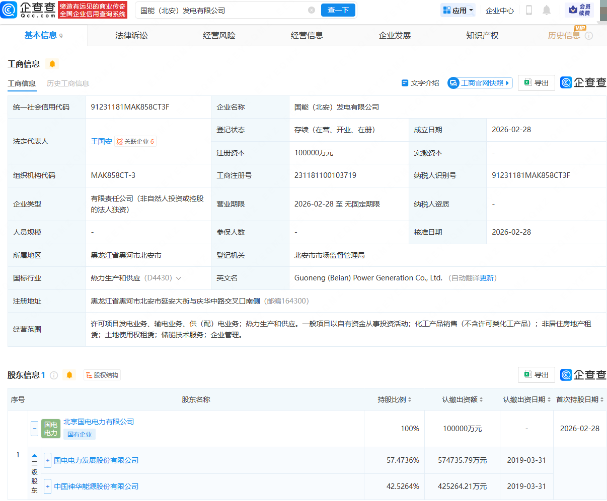 国电电力、中国神华成立发电公司，注册资本10亿元