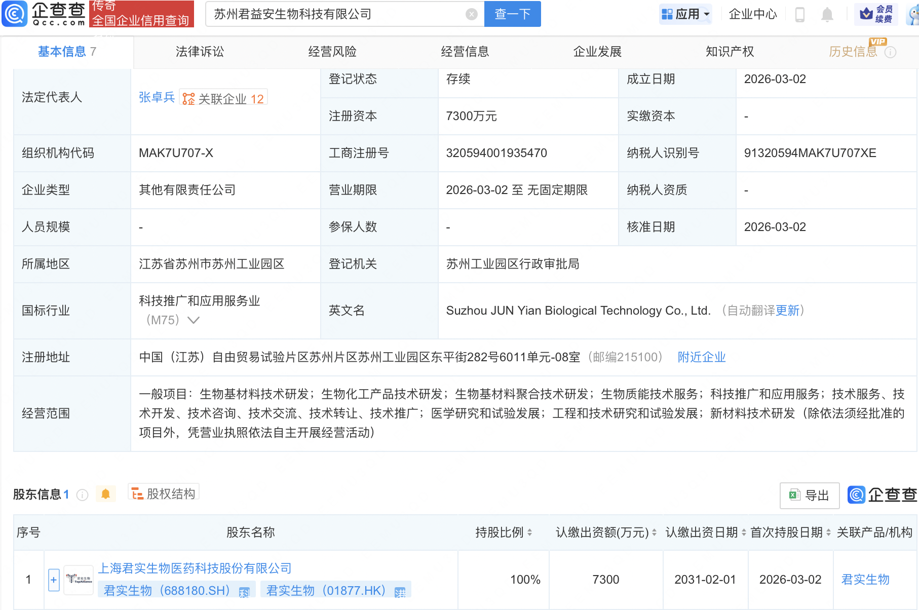 君实生物在苏州成立新公司,含生物基材料相关业务