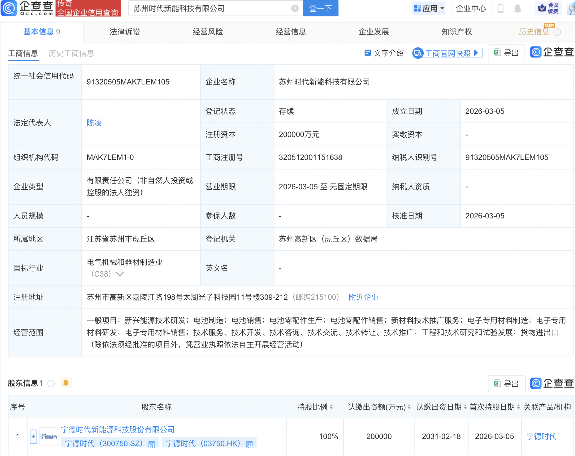 宁德时代在苏州成立时代新能科技公司，注册资本20亿