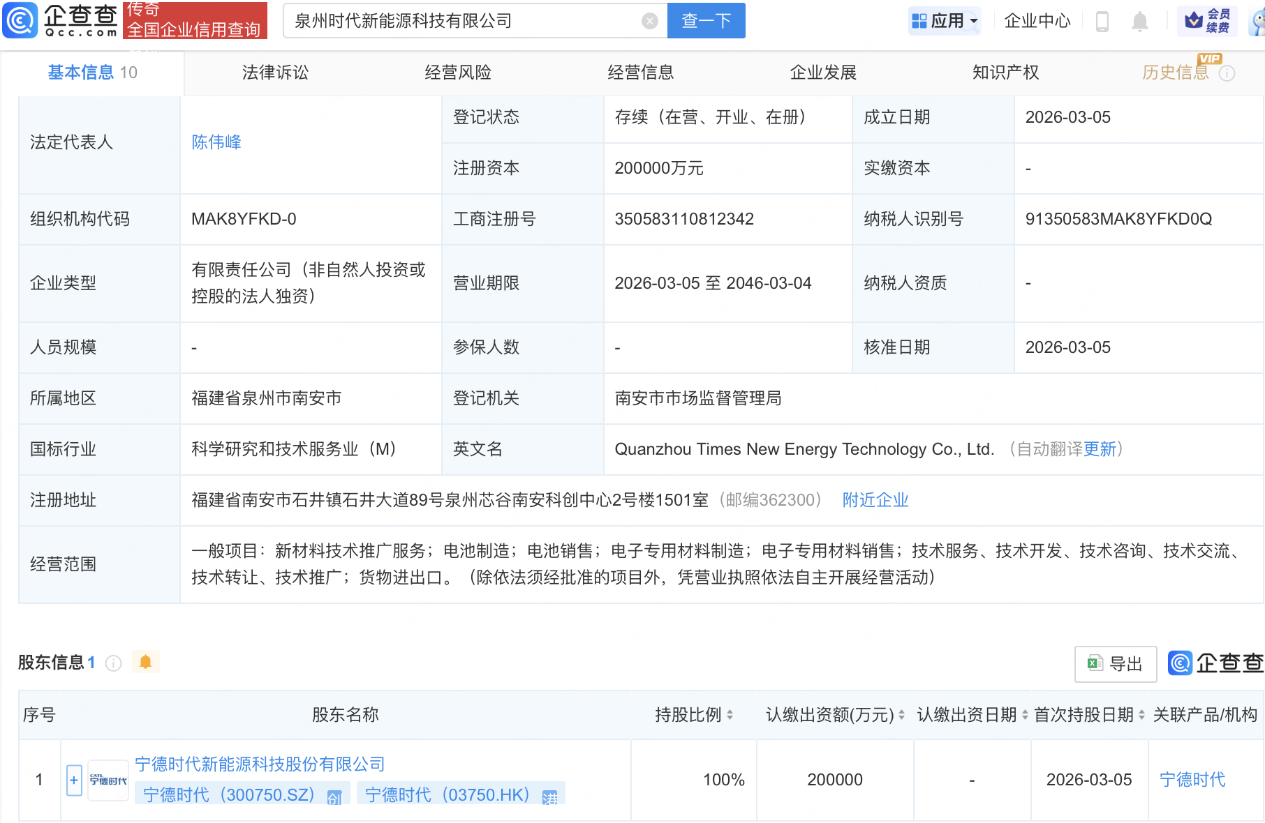宁德时代在泉州成立新能源科技公司，注册资本20亿
