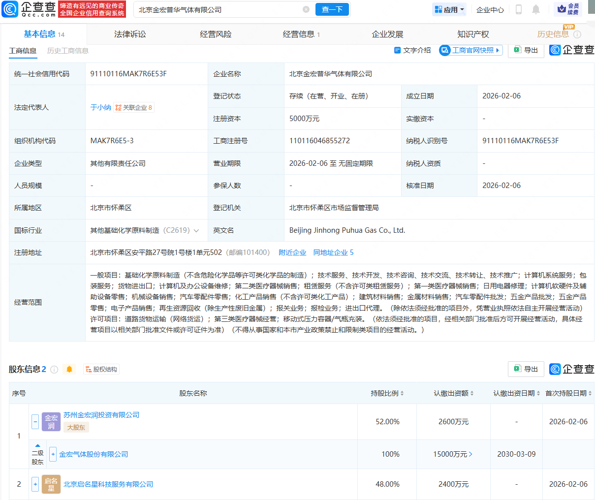 金宏气体等在北京成立新公司,注册资本5000万元
