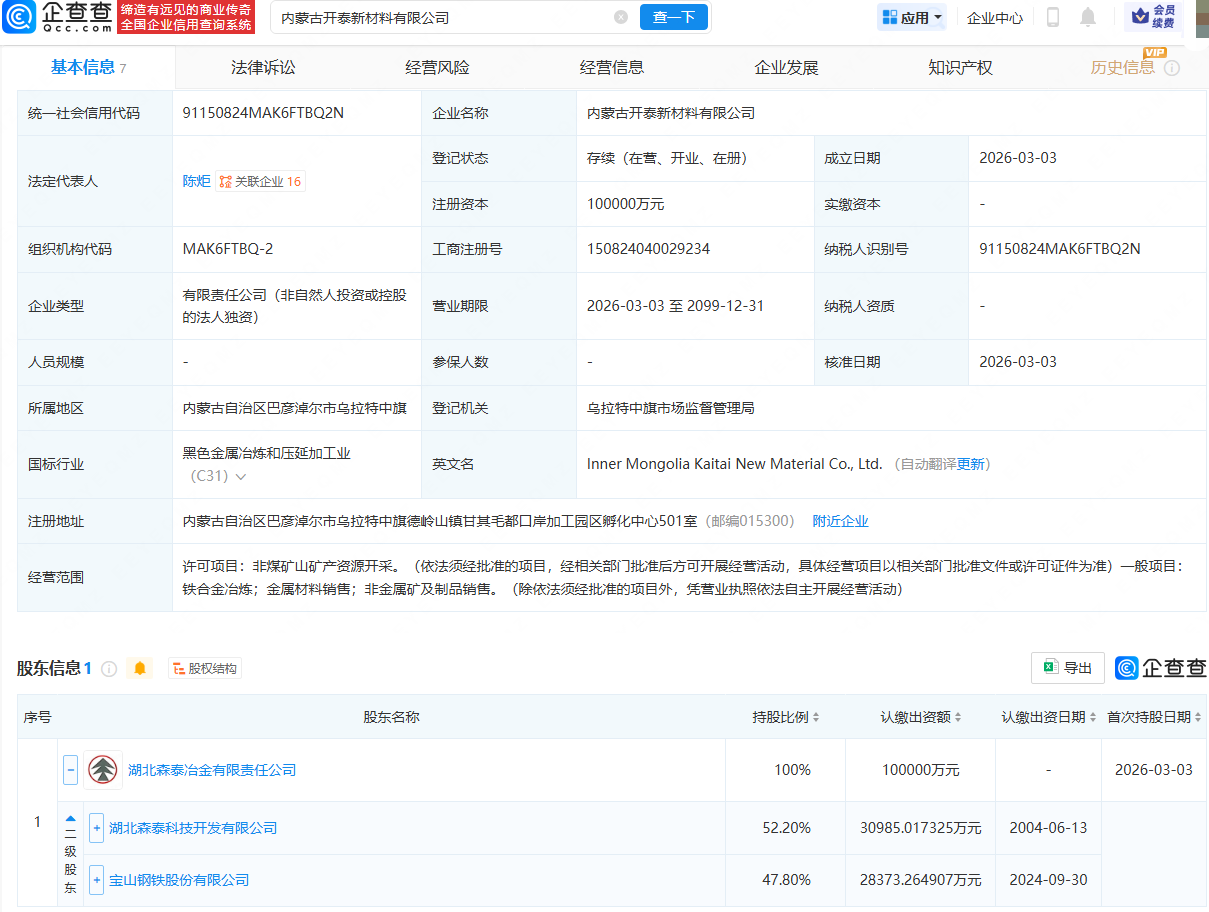 宝钢股份持股公司在内蒙古成立新材料公司