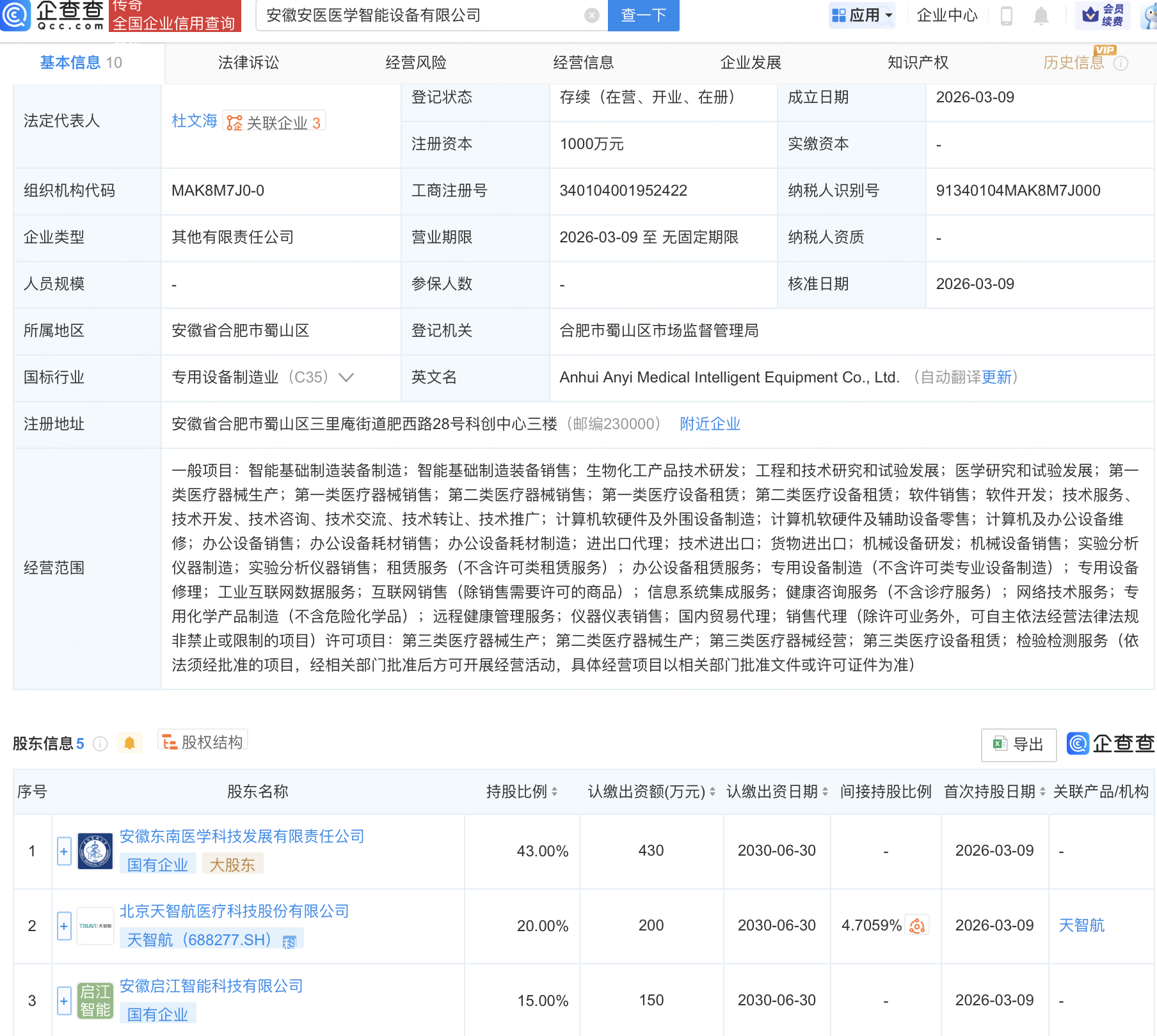 天智航等在安徽成立医学智能设备公司